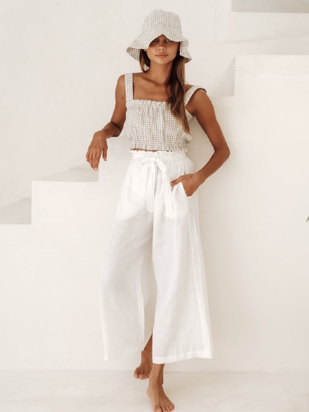 100% Linen Off-White Wide Leg Cropped Pants - M